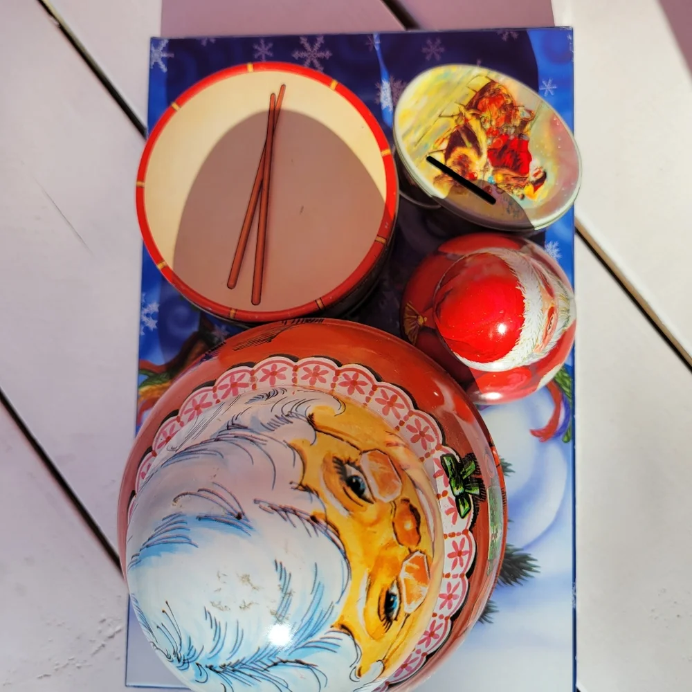 Christmas Tin Bundle ~ Shackman Co Santa, Drum, Bank & Cheinco Mrs. Claus ~Cute!